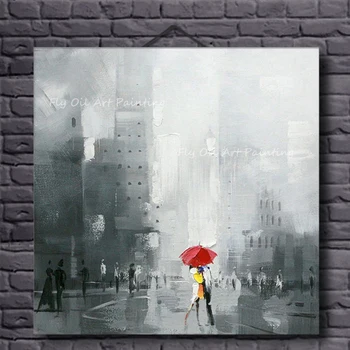100% manual, vopsite gri simplu pur nordic abstract peisaj cu cuplu și umbrelă roșie Pictura in Ulei pe Panza de Artă Cadou