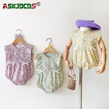 2024 Nou Din Bumbac Pur Salopete Body Summer Infant Fete Copil Fără Mâneci Ruched Florale Îmbrăcăminte În Aer Liber Pentru Copii Arcul Salopete