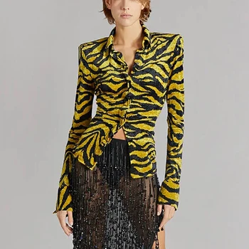 2024 Primăvară Noi de Bluze pentru Femei Y2k Catifea Leopard de Imprimare Singur Rând Butonul de Topuri cu Maneci Lungi Stretch Slim Moda Versatil Tricou