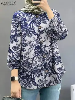 2024 ZANZEA Femei Tricou Vintage de Primăvară Musulman Abaya Topuri Casual cu Maneci Lungi Florale Imprimate Retro Munca Blusas Butoane Jos Bluza