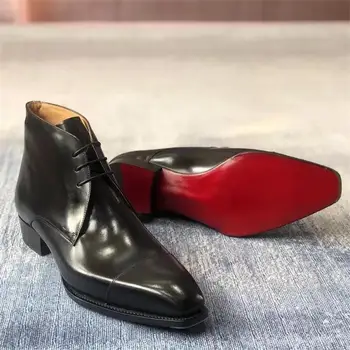 Barbati Cizme Roșii Unic lucrate Manual Culoare Solidă Dantelă-Up Clasic de Afaceri Glezna Cizme pentru Bărbați Transport Gratuit Moda Mens Pantofi