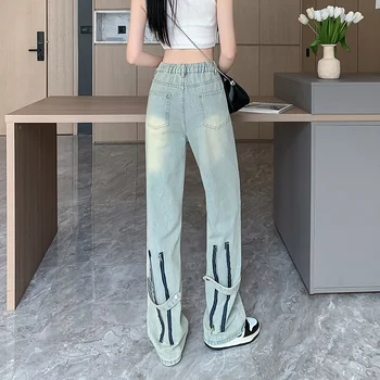 Blugi Femei cu Fermoar Epocă de Mare Waisted Y2K Stil American Streetwear Largi Picior Pantaloni de Moda Direct de Vară de sex Feminin Pantaloni