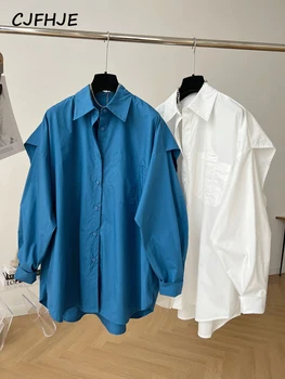 CJFHJE Moda Streetwear Liber Bluza cu Maneci Lungi Guler de Turn-down Fals Două Piese de Mozaic Tricouri Femei Toamna Solid Blusas