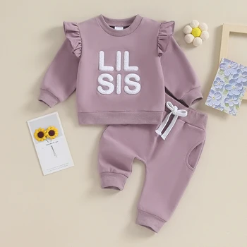 Copil nou-născut Fată Tinute de Toamna Ciufulit Maneca Lunga Fuzzy Scrisoare Broderie Tricou si Pantaloni 2 BUC Set Haine