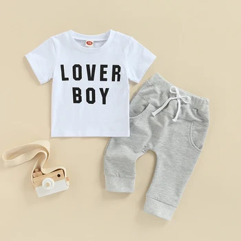 Copilul Baby Boy Lover Boy Short Sleeve Crewneck Pulover de Sus și pantaloni de Trening Set 2 buc Valentine Tinutele de Zi