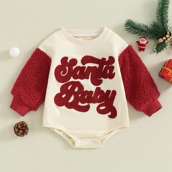 Copilul De Crăciun Romper Fuzzy Scrisoare Broderie De Culoare De Contrast Bluză Salopetă Nou-Născuți Băieți Fete Haine Casual De Primavara Toamna
