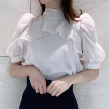 Coreea Style Papion Topuri Puff Maneca Elegant Doamnă Birou Volane Drăguț Dulce De Bază Tricouri Bluze Femei Dulce Haine De Design