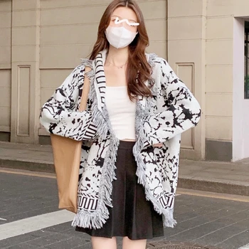Coreeană Pulover Femei Toamna Iarna V Gatului Maneca Lunga Negre Mozaic Tassle Jacquard Tricotate Cardigan Haine De Sex Feminin