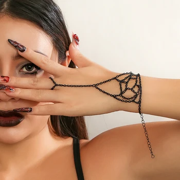 Creative Goth Negru Încheietura Mâinii Degetul Lanțuri, Inele, Bratari Femei Dansatoare Din Buric Conectarea Parte Cablajului Bratari Bijuterii De Halloween