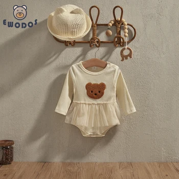 EWODOS Copilul copil Fete Plasă de Mozaic Costume Rochie Drăguț Urs Model cu Maneca Lunga, Salopete pentru Nou-născuți Sugari Copii Fete