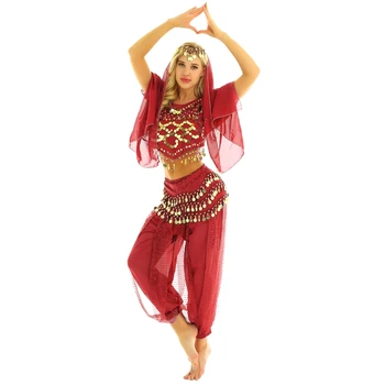 Femei Belly Dance Purta de Halloween Dance India Costum de Performanță Costum Scurt Felinare Mâneci Top cu Pantaloni Harem Set
