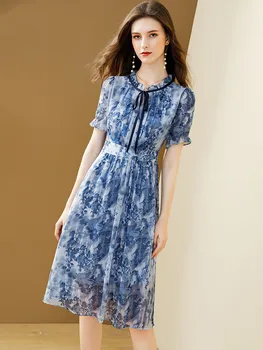 Femeile franceze Florale Șifon Dress 2023 Vara Noua Moda O-Gât Subțire Elegant Lady Rochii de Înaltă Calitate S M L XL XXL