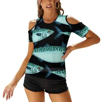 Gustoase Model Pentru Femei T-Shirt Pe Un Umăr Siret Top Sexy Tricouri Gol Afară Topuri Teuri Model Pește Roz Albastru De Pescuit Marinar