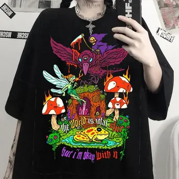 Harajuku Ciuperci Drăguț Grafic de Imprimare Barbati Tricouri Punk High Street Casual Pierde Supradimensionate O-neck pentru Femei Maneci Scurte Topuri Unisex