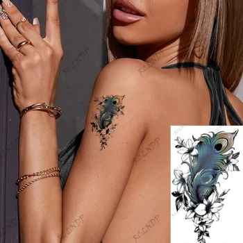 Impermeabil Tatuaj Temporar Autocolant Flori Pene Albastre Braț, Mână, Picior Body Art Flash Tatuaj Fals Tatuaj pentru Femei Barbati