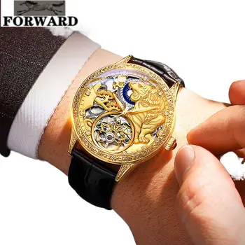 INAINTE de Aur Tiger volanta luminoasă Automată Impermeabil mens watch Nou din piele cataramă de pin de lux ceas mecanic