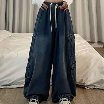 La modă Supradimensionate Talie Inalta Blugi Largi Picior Femei Harajuku Street Casual Pantaloni Largi Personalizate Multi-Buzunar de Pantaloni Denin