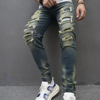 Noi Blugi Barbati Slim Fit Rupt Găuri la Modă Elastic Casual sex Masculin Pantaloni din Denim Streetwear Albastru Rupt Blugi Pantaloni