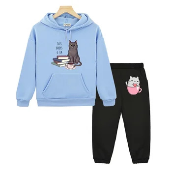 Nutella Pisici Cărți și Ceai Copii Hanorace și Pantaloni Set Tipărite Pulovere Top Drăguț Anime Toamna Iarna Barbati/Femei Fleece Hanorac