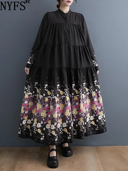 NYFS 2023 Primăvară Aurtumn Noi Coreea Femei Rochie Vestidos Halat Elbise Vrac Plus Size Print cu Maneci Lungi Rochii Lungi