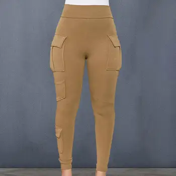 Pantaloni de Culoare solidă Talie Elastic Ridicat de Femei Skinny Sport Pantaloni cu mai Multe Buzunare Moale Elastic Respirabil pentru Patru