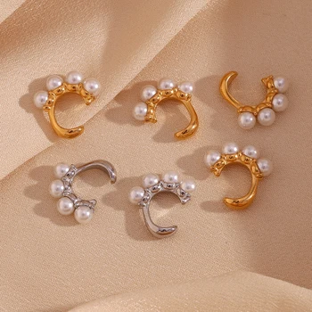 Patru perla J-în formă de ureche clipuri Hipoalergenic Culoare Argintie, Otel Inoxidabil 316L de Bijuterii Placat cu Aur de 18K Femei Cercel