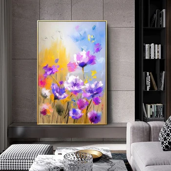 Pictate Manual, Pictura In Ulei Peisaj Cu Flori Pictura Peisaj Colorat Pictura Abstractă Pictura Irisi Violet Galben Pictura