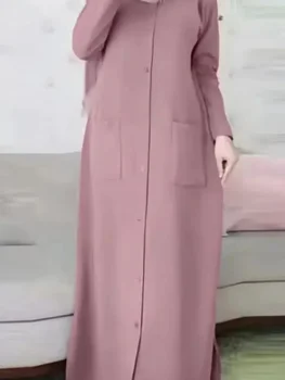 Ramadan Femeile Musulmane Eid Rochie Modest Buzunare Maroc Rochii De Partid Dubai Singur Pieptul Buton Vestidos Robă Lungă Abaya 2024
