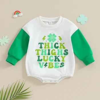 Saint Patrick s Day Baby Bubble Romper Primăvară Maneca Lunga Echipajul Gât Shamrock Scrisoare de Imprimare Body Nou-născut Costum