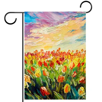 Ulei Pictat Flori De Primăvară Grădină Steag Colorat Tulip Sky Dublă Față-Verso Curte Pavilion Florale De Poliester În Aer Liber Gazon Decor Casa Steaguri