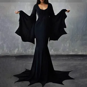 Witchy Costum Morticia Addams Miercuri Tren Etaj Femei Rochie De Halloween Vrăjitoare Întuneric Costum Gotic Halat Rochie De Groază Pentru Adulți