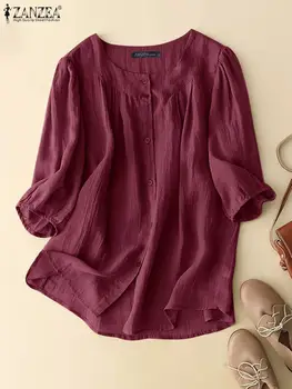 ZANZEA Casual 2023 Vara Tricouri Femei Vintage Bluze Gât Rotund Îmbinate Topuri Largi Plisate Culoare Solidă Maneca Scurta Camasa