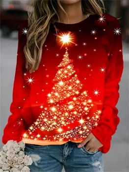 2023 Crăciun Serie de Femei Toamna și Iarna Moda Casual Imprimat cu Maneci Lungi Gât Rotund Pulover de Mari Dimensiuni Pulover