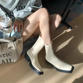 2023 Iarna Noi Split din Piele pentru femei Cizme pentru Femei Deget de la picior Pătrat Chelsea Cizme pentru Femei Indesata Toc Pantofi Zapatos De Mujer de la Jumătatea vițel Cizme