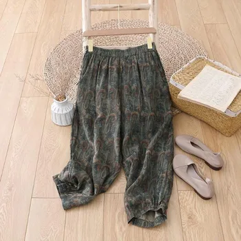 2023 Nou Sosirea Verii, Femeile Lenjerie de pat din Bumbac Vintage Print Glezna-lungime Pantaloni Casual Pierde Elastic Talie Pantaloni Harem P540