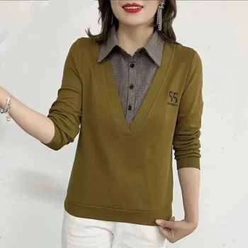 2023 Toamna și Iarna Moda Noua Versatil Casual de Îmbrăcăminte pentru Femei Mozaic Buton de Guler POLO cu Maneci Lungi Tricou de Culoare Solidă