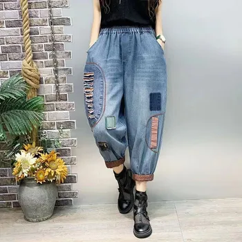 2023 Vara Nou Stil de Arte Femei talie Elastic Largi, din Bumbac Denim Vițel-lungime Pantaloni Patch Modele de Epocă Blugi gaura P132