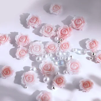 30Pcs Trandafir Roz de Flori de Unghii 3D Farmece Amestecat Pearl Margele Stras Decorare Valentine Unghii Accesorii Consumabile Piese de Lux