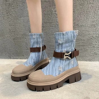 Albastru Denim pentru Femei Cizme 2023 coreeană de Moda Rotund Toe Doamnelor Scurt Baril Cizme Simple, Versatile Ghete Casual Zapatos De Mujer