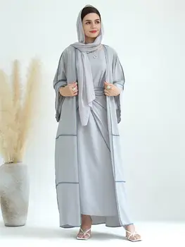 Arabia Arabe Solid 4 Costum fără Mâneci Rochie Wrap Fusta Și kimono Abaya Cu Hijab Jalabiyat Musulman Ramadan Eid Îmbrăcăminte