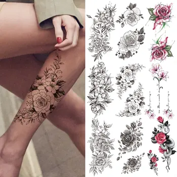 Bujor Floare Tatuaj Temporar Pentru Femei Fete Masca Neagra Zinna Lily Lanțuri Tatuaje Autocolant Șarpe Fals Trandafir Realist Tatuaje Picior
