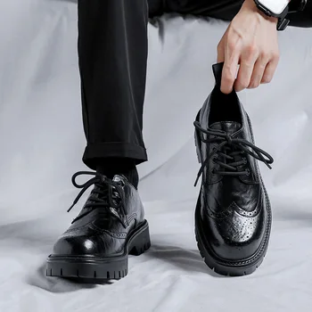 bărbați moda de lux original pantofi din piele dantela-up sculptate bocanc pantofi de mireasa rochie de petrecere negru elegant platforma încălțăminte zapato