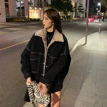 Casual Gros Cald Haina de Iarna pentru Femei Supradimensionat Moda de Iarnă Lambswool Jean Jachete din Denim pentru Femei Haine de Bumbac Stil coreean