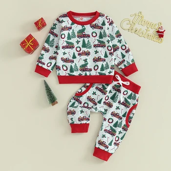Copilul Costum de Crăciun Toddler Boys Fata de Masina de Imprimare Tricou Maneca Lunga si Pantaloni Elastic Drăguț Haine Nou-nascuti Set Streetwear
