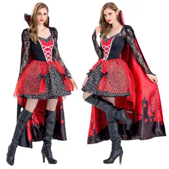 Costum de Halloween Vrăjitoare Machiaj Mingea Vampir, Zombie, Fete Costume Diavolul Regina Cosplay Costum Rochie Roșie și Cape Două Bucata Set
