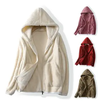 Culoare solidă de Pluș Uza Confortabil Polar Fleece Jachete cu Gluga cu Fermoar Placket Buzunare pentru Toamna Iarna Haine pentru Căldură