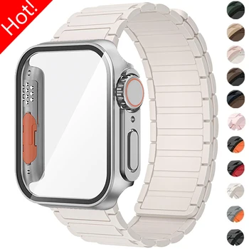 Curea silicon+Caz Magnetic pentru Apple Watch Band 45mm 44mm 40mm 41mm Bratara pentru IWatch Seria 9 8 7 6 5 4 SE face Upgrade Ultra 2