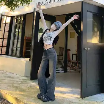 Deeptown Y2k Epocă Flare Jeans coreeană de Moda Harajuku ' 90 Estetice Grunge Femei Toamna Răi Streetwear Gyaru Pantaloni Denim