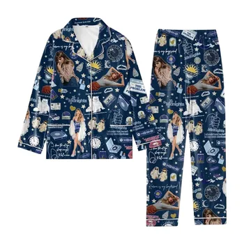 Femei 2 Costum Taylor Element de Imprimare Set de Pijama cu Maneci Lungi Buton Sus Largi Picior Elastic Talie Pantaloni Acasă Costum Casual