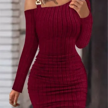 Femei elegante Toamna/Iarna Vin Roșu Cataramă de Metal Oblic Umăr Guler Strâns Înfășurați Hip Slim Fit Maneca Lunga Rochie Mini Sexy